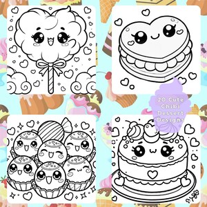 Preview of Sweet Treats Coloring Book pages with adorable chibi dessert designs including cotton candy, heart-shaped macaron, truffles, and a decorated cake.