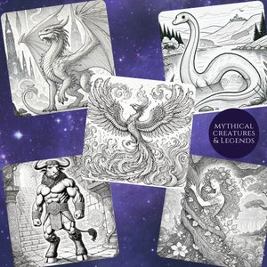 A set of mythical creature illustrations for coloring, featuring a dragon, a phoenix, a minotaur, Nessie, and a tree nymph. Text reads "Mythical Creatures & Legends.