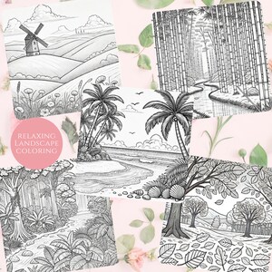 Preview of five relaxing nature scenes, including a windmill field, bamboo forest, tropical beach, woodland path, and river. A pink badge reads 'Relaxing Landscape Coloring' on a floral background, with soft pink and green accents.
