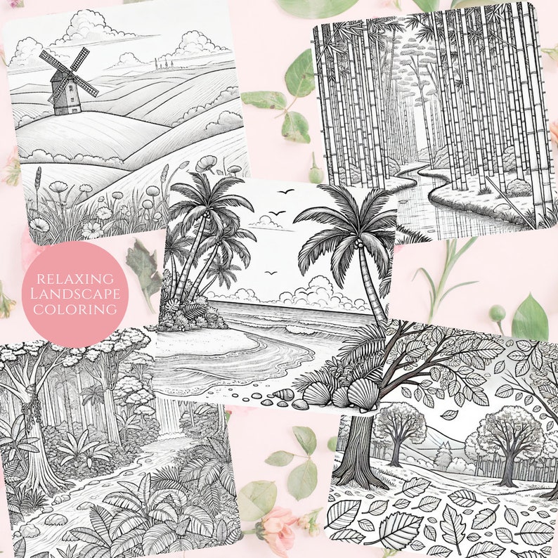 Preview of five relaxing nature scenes, including a windmill field, bamboo forest, tropical beach, woodland path, and river. A pink badge reads 'Relaxing Landscape Coloring' on a floral background, with soft pink and green accents.