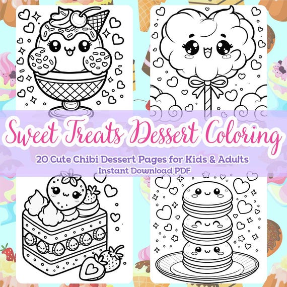 Chibi Dessert Coloring Book: 20 Sweet Treats Pages (Instant Download PDF)