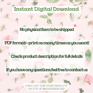 Instructions for the digital download format of the Nature Coloring Book. Text reads 'Instant Digital Download, No physical item, PDF format – print as many times as you want!' with a soft floral background and green, leafy accents.