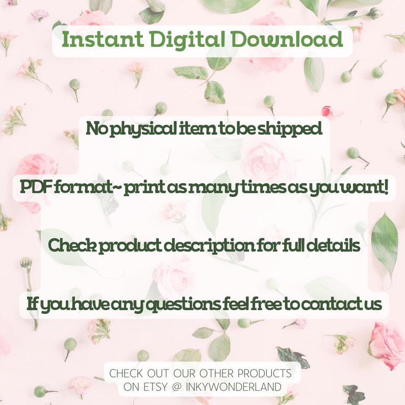 Instructions for the digital download format of the Nature Coloring Book. Text reads 'Instant Digital Download, No physical item, PDF format – print as many times as you want!' with a soft floral background and green, leafy accents.