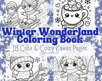 May include: A digital colouring book with 18 cute and cosy kawaii pages featuring winter scenes. The cover shows a couple sledding, a cup of hot chocolate with marshmallows, an owl on a branch, and a girl ice skating.