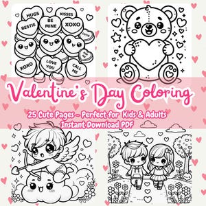 Valentine&#39;s Day Coloring Book - 25 Cute Printable Pages for Kids & Adults | Instant Download | Creative Holiday Gift
