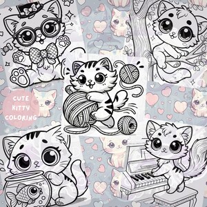 Playful cats playing with yarn and sitting in a tree, featuring kawaii-style designs for a printable cat coloring book. Great for children and cat lovers.