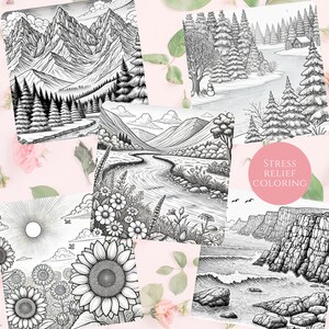 Five stress-relief coloring pages featuring detailed nature scenes, including mountains, wildflower fields, a snow-covered cabin, sunflower meadow, a river, and a coastal cliff. A pink badge reads 'Stress Relief Coloring' on a floral background.