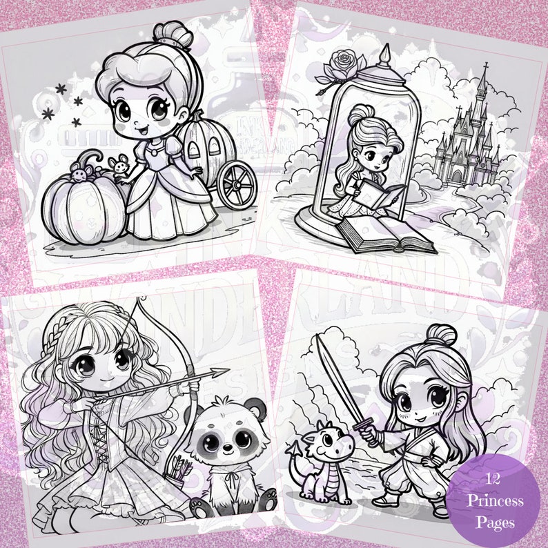 Preview of chibi princess coloring pages featuring Cinderella, Belle, Mulan, and Merida, showing fun and magical scenes. Great for all ages.