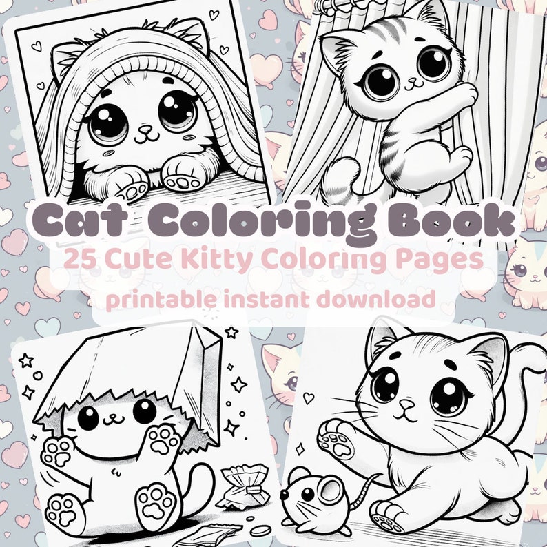 Cute kawaii-style cat peeking out from under a blanket with large eyes. Digital coloring page of a 25-page cat coloring book, printable for instant download.