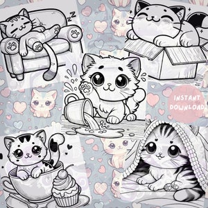Kawaii-style cats playing, napping, and enjoying various cute moments. This digital coloring page features fun cat illustrations for instant download.