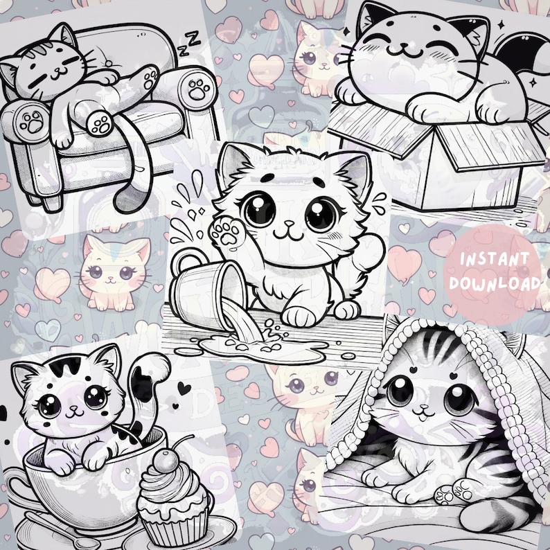 Kawaii-style cats playing, napping, and enjoying various cute moments. This digital coloring page features fun cat illustrations for instant download.