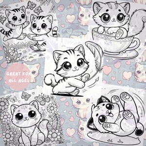Cute kawaii cat playing with a feather and another sitting in a teacup. Part of a 20-page cat-themed coloring book for all ages, available for instant download.