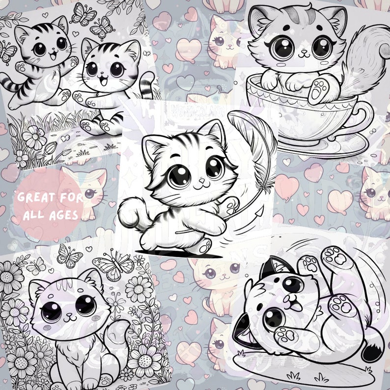 Cute kawaii cat playing with a feather and another sitting in a teacup. Part of a 20-page cat-themed coloring book for all ages, available for instant download.