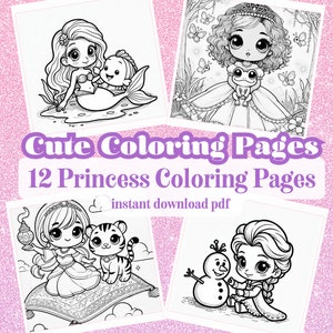 かわいいプリンセスのぬり絵 | 12 のかわいいプリンセスのぬり絵 | 大人のぬり絵 子供のぬり絵 インスタント PDF ダウンロード