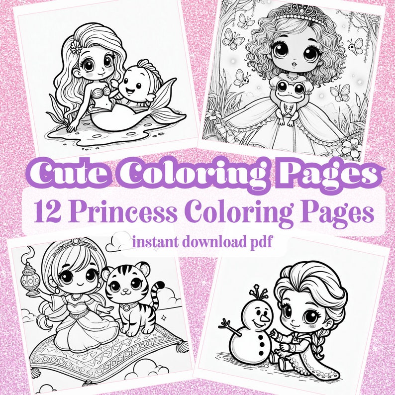 A set of 12 cute chibi princess coloring pages inspired by favorite princesses, featuring various princesses with their animal companions, perfect for kids and adults. Instant digital download in PDF format.