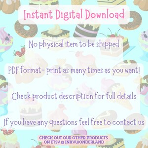 Instant digital download details for Sweet Treats Coloring Book in PDF format, with instructions for printing at home or using digitally.