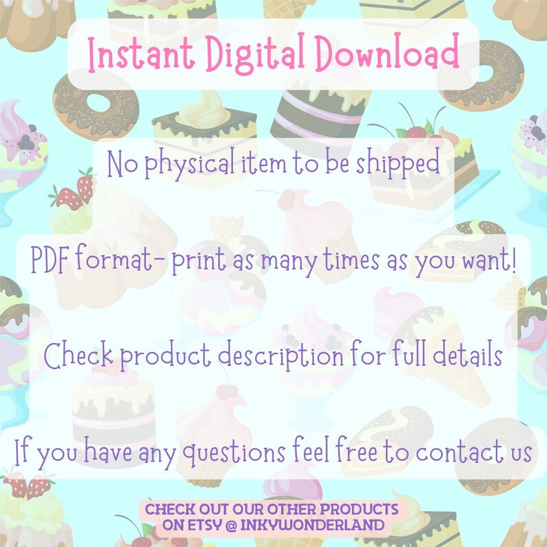 Instant digital download details for Sweet Treats Coloring Book in PDF format, with instructions for printing at home or using digitally.