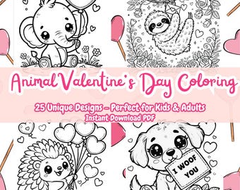 Libro da colorare per San Valentino con animali - 25 pagine Chibi (schema PDF)