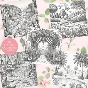 Preview of five coloring pages from the Nature Coloring Book, featuring landscapes like a desert canyon, flower garden archway, waterfall, meadows, and tropical palms. A pink badge reads '20 Nature Coloring Pages' on a soft floral background.