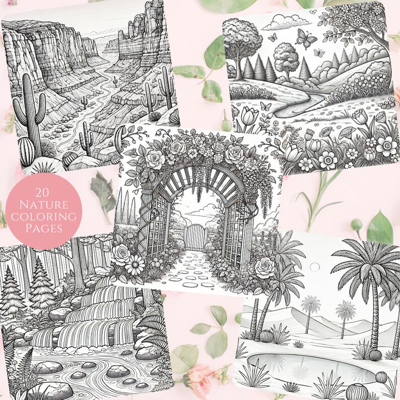 Preview of five coloring pages from the Nature Coloring Book, featuring landscapes like a desert canyon, flower garden archway, waterfall, meadows, and tropical palms. A pink badge reads '20 Nature Coloring Pages' on a soft floral background.