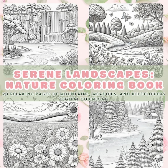 Nature Coloring Book: 20 Serene Landscape Pages (Digital Download)