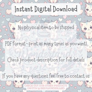 Instant digital download note for the 25-page cute cat coloring book. Includes information on how to print as many times as desired. No physical product will be shipped.