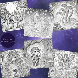 Fantasy-themed digital coloring pages, including a werewolf, a deer with wings, a hydra, a fairy, and a goblin. Text reads "Digital Download.