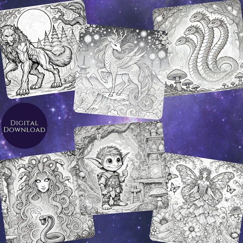 Fantasy-themed digital coloring pages, including a werewolf, a deer with wings, a hydra, a fairy, and a goblin. Text reads "Digital Download.