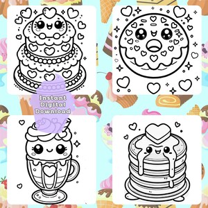 Chibi dessert-themed coloring pages featuring a tiered cake, donut with hearts, hot chocolate float, and a stack of syrup-covered pancakes.