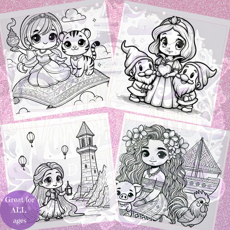 Preview of four additional chibi princess coloring pages featuring Aladdin's Jasmine, Snow White, Rapunzel, and Moana with their iconic companions.