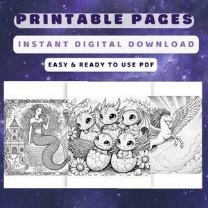 A preview of printable coloring pages featuring a mermaid, baby dragons, and a Pegasus. Text reads "Printable Pages, Instant Digital Download.