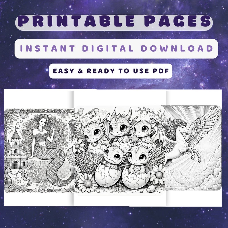 A preview of printable coloring pages featuring a mermaid, baby dragons, and a Pegasus. Text reads "Printable Pages, Instant Digital Download.