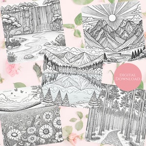 Six nature-themed coloring pages featuring serene landscapes, including waterfalls, mountains, lakes, wildflower fields, and a forest path. A pink badge reads 'Digital Download' on a soft floral background with delicate leaves and flowers.