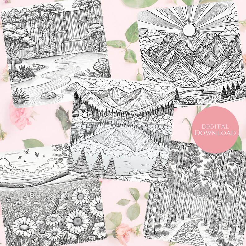 Six nature-themed coloring pages featuring serene landscapes, including waterfalls, mountains, lakes, wildflower fields, and a forest path. A pink badge reads 'Digital Download' on a soft floral background with delicate leaves and flowers.