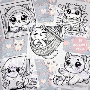 Adorable kawaii cats in various playful poses, including one in a hammock and one inside a box. Featured as part of a 20-page cute kitty coloring book for kids and adults.