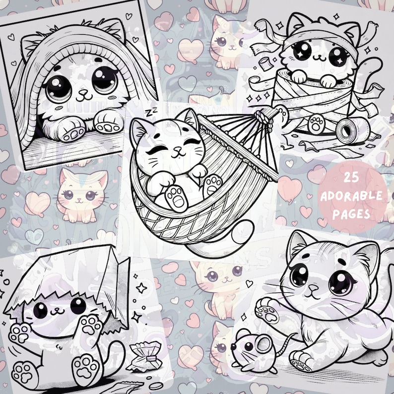 Adorable kawaii cats in various playful poses, including one in a hammock and one inside a box. Featured as part of a 20-page cute kitty coloring book for kids and adults.