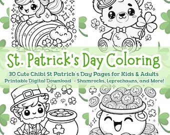 St. Patrick's Day Chibi Coloring Book – 30 Pages (Digital Download)