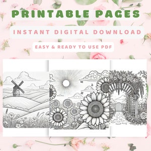 Promotional image for the Serene Landscapes Nature Coloring Book, showing three sample pages including a windmill, sunflower field, and a garden archway. Text reads 'Printable Pages, Instant Digital Download, on a floral background.