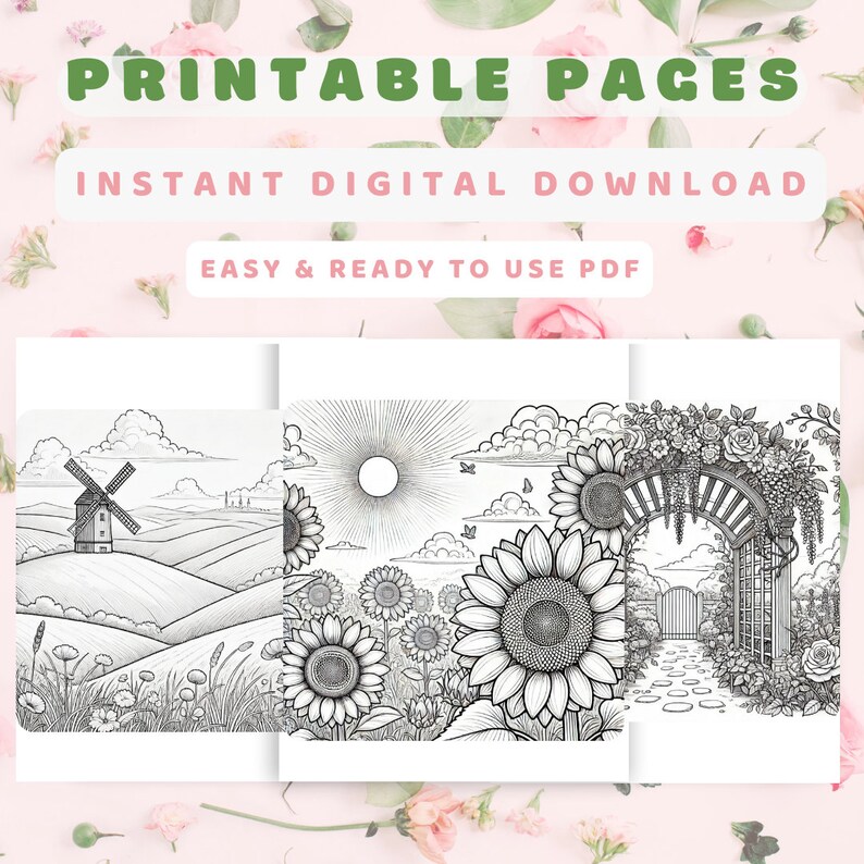 Promotional image for the Serene Landscapes Nature Coloring Book, showing three sample pages including a windmill, sunflower field, and a garden archway. Text reads 'Printable Pages, Instant Digital Download, on a floral background.