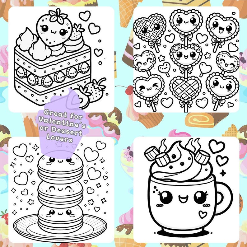 Chibi dessert coloring pages featuring a cake slice, heart-shaped lollipops, stacked pancakes, and a mug of hot chocolate with marshmallows and hearts.