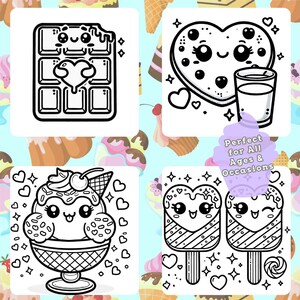 Sweet Treats coloring designs showcasing chocolate bars, heart cookies with milk, an ice cream sundae, and heart-shaped popsicles for kids and adults.
