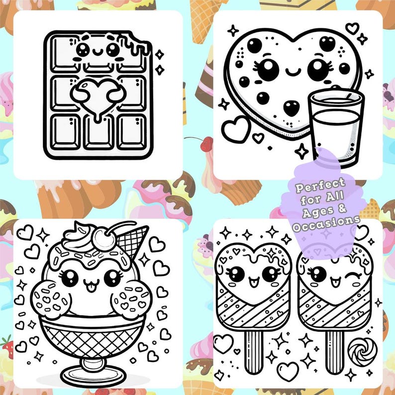 Sweet Treats coloring designs showcasing chocolate bars, heart cookies with milk, an ice cream sundae, and heart-shaped popsicles for kids and adults.