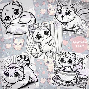 Kawaii cats engaging in playful activities like climbing curtains and chasing toys. A printable and adorable coloring page set for cat lovers of all ages