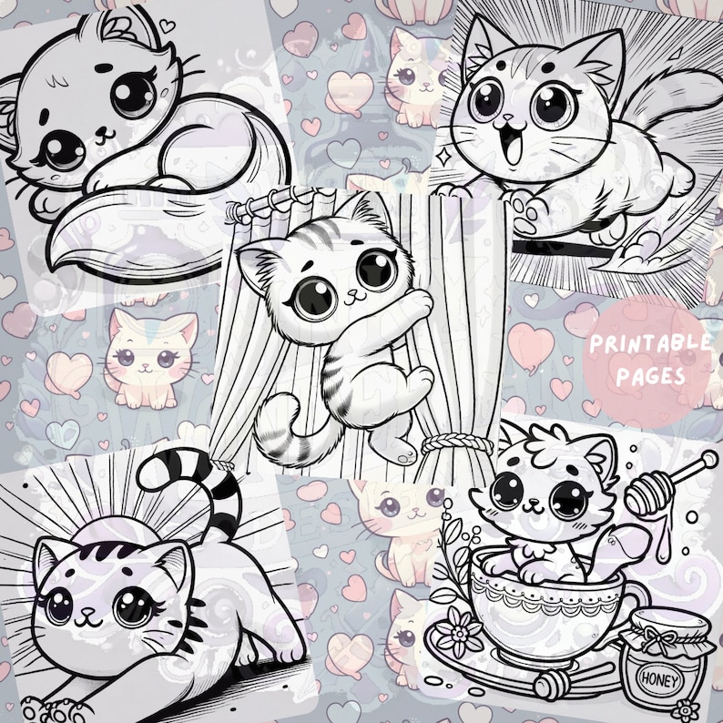 Kawaii cats engaging in playful activities like climbing curtains and chasing toys. A printable and adorable coloring page set for cat lovers of all ages