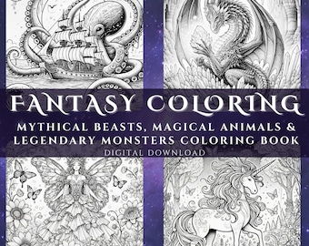 Dark Fantasy Coloring Book: Dragons, Unicorns, Fairies (Digital Download)