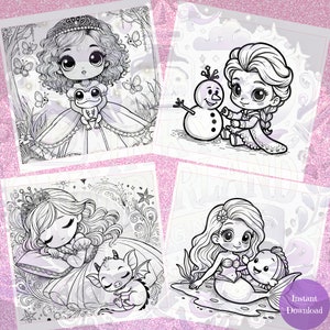 Another preview showing chibi princess designs including Sleeping Beauty, Elsa with Olaf, Ariel with Flounder, and Tiana with her frog prince.