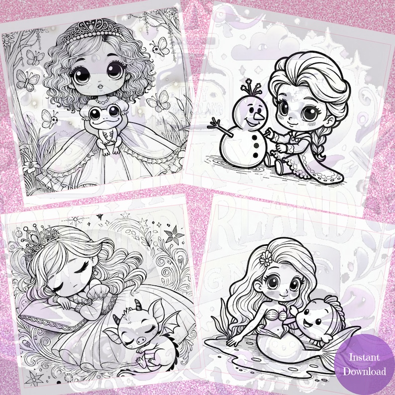 Another preview showing chibi princess designs including Sleeping Beauty, Elsa with Olaf, Ariel with Flounder, and Tiana with her frog prince.