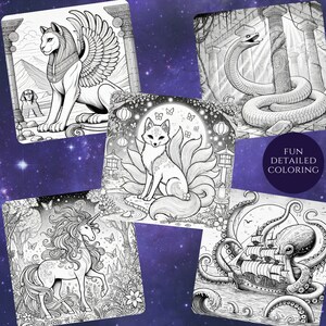 A set of fantasy creature coloring pages featuring a winged lion, a kitsune, a unicorn, a snake, and an octopus shipwreck. Text reads "Fun Detailed Coloring