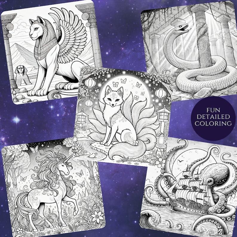 A set of fantasy creature coloring pages featuring a winged lion, a kitsune, a unicorn, a snake, and an octopus shipwreck. Text reads "Fun Detailed Coloring