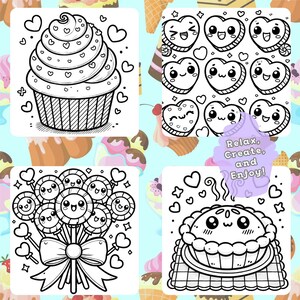 Relaxing and fun Sweet Treats Coloring Book pages with cupcakes, heart-shaped chocolates, lollipop bouquet, and a pie with a chibi face and hearts.